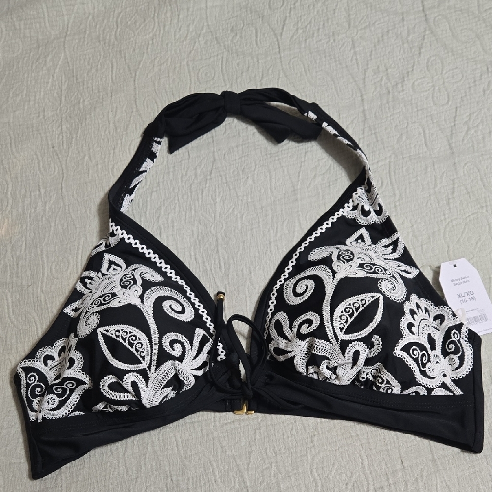 Time & Tru Black Halter Bikini Top w/ White Embroidered Detail Size 14-16/XL NWT